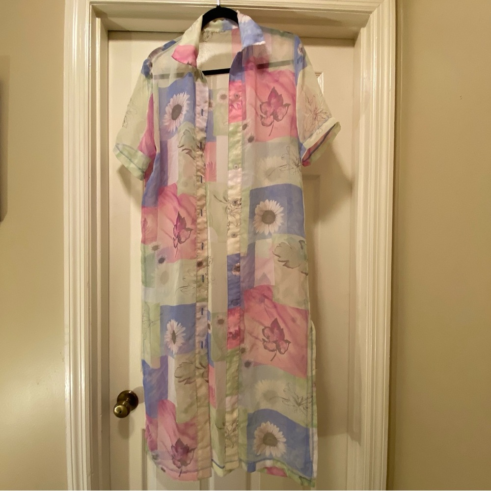 Vintage Sheer Floral Shirt Dress – Pastel Button-Down Overlay – Approx. Size M